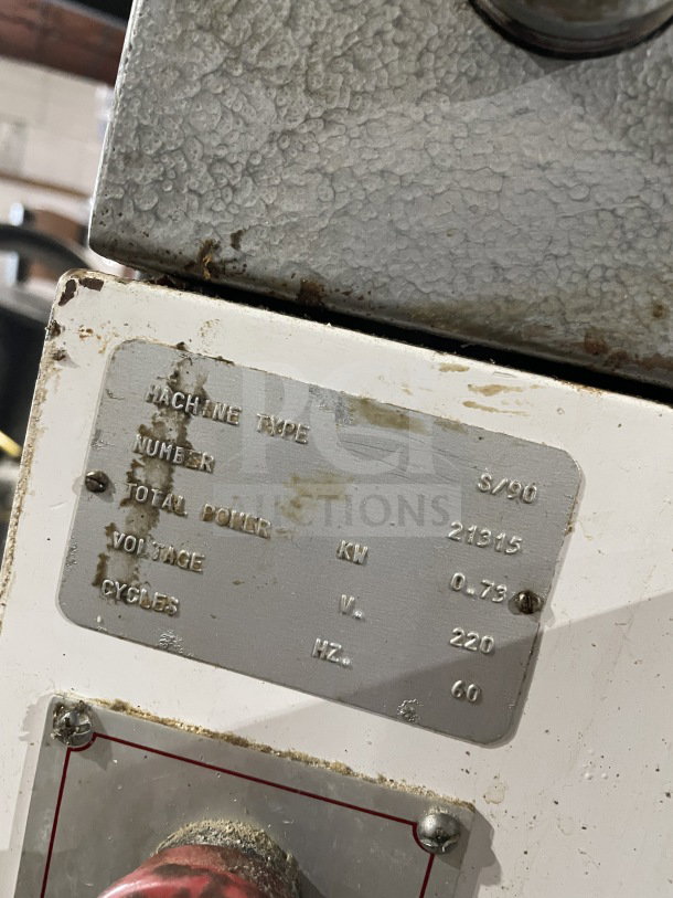 Excalibur S/90 bagel divider/former, stainless steel, 220V, on casters, commercial use, model and power label visible.