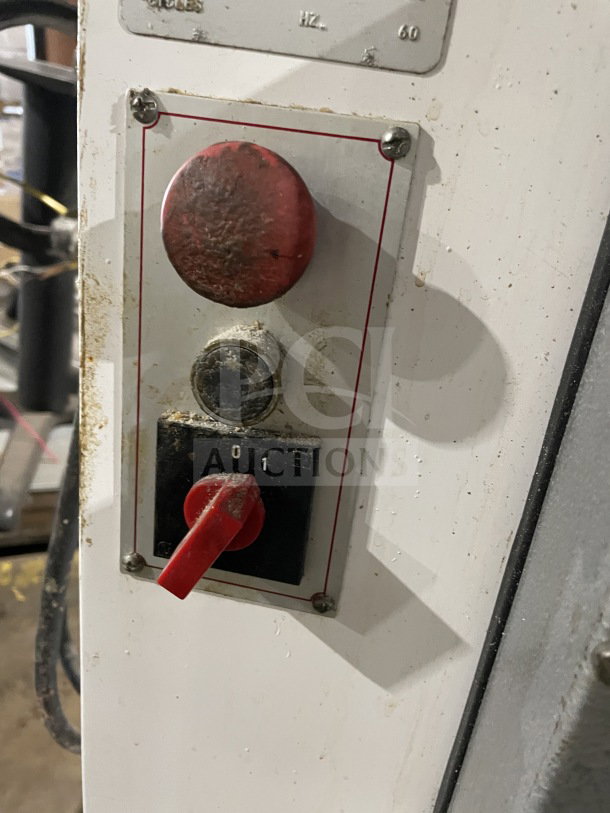 Excalibur S/90 stainless steel bagel divider, red control buttons, casters, 220V, used condition, commercial-grade features.