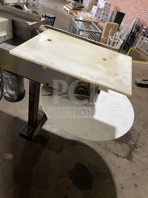Excalibur S/90 stainless steel bagel divider/former, floor style, on casters, 220V, commercial use, visible wear.
