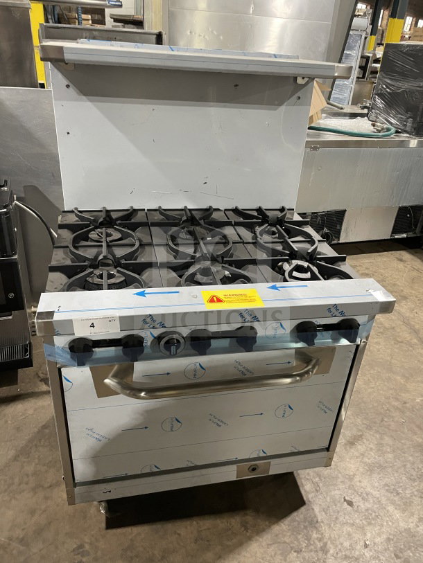 Brand new Kutano 36" 6-burner range, stainless steel, natural gas, model KUT6BRN36NG, with oven, chrome wire rack.