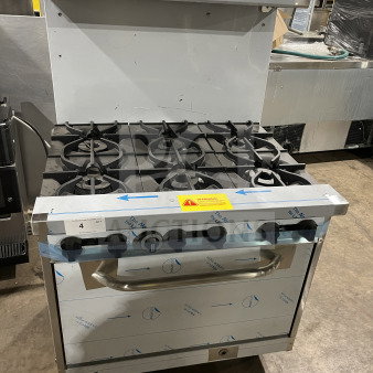 Brand new Kutano 36" 6-burner range, stainless steel, natural gas, model KUT6BRN36NG, with oven, chrome wire rack.
