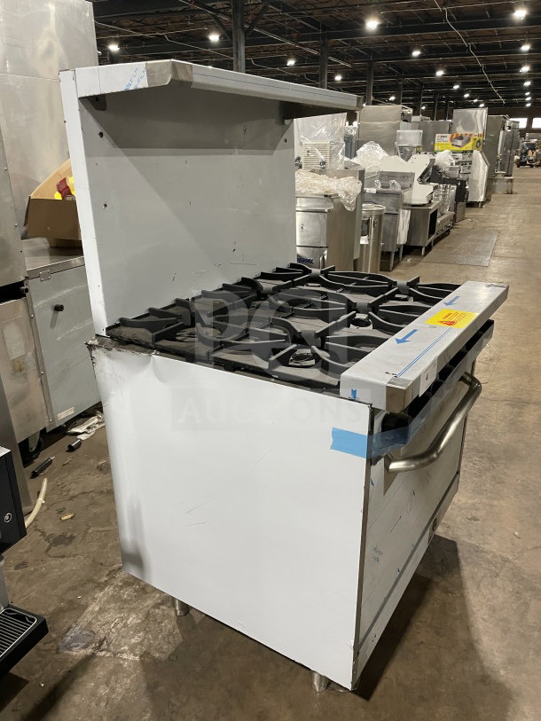 Brand new Kutano 36" stainless steel 6-burner natural gas range, model KUT6BRN36NG, with standard oven and chrome rack.