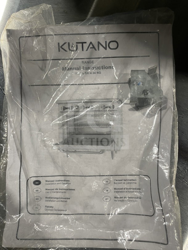 Kutano KUT6BRN36NG 6-burner stainless steel range manual. New condition, installation instructions shown.