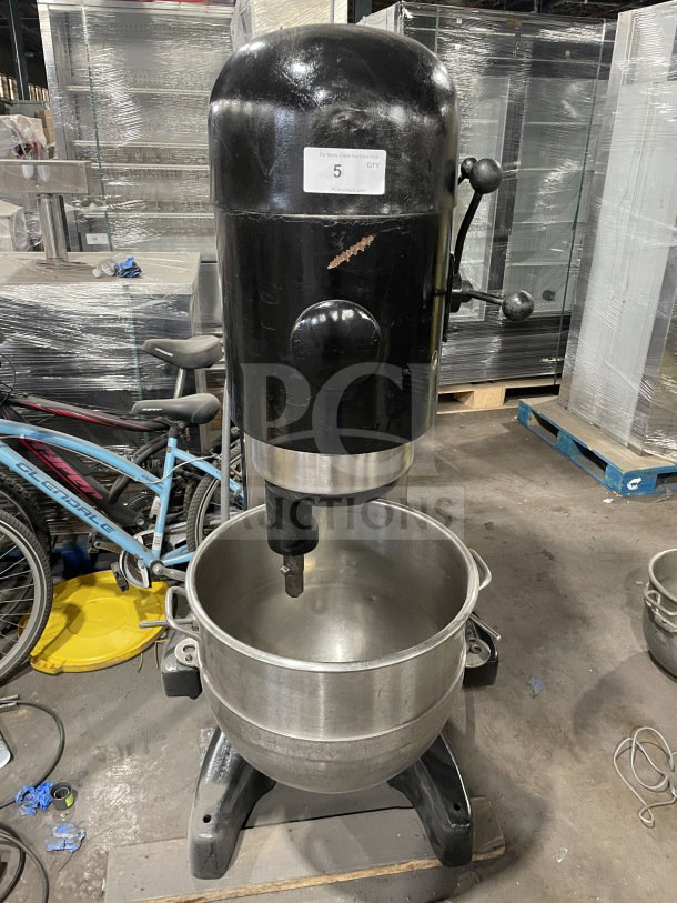 Hobart commercial planetary dough mixer, charcoal black, with mixing bowl and dough hook attachment, good condition.