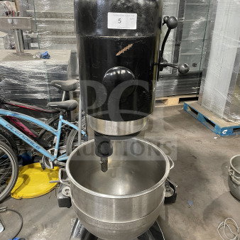 Hobart commercial planetary dough mixer, charcoal black, with mixing bowl and dough hook attachment, good condition.
