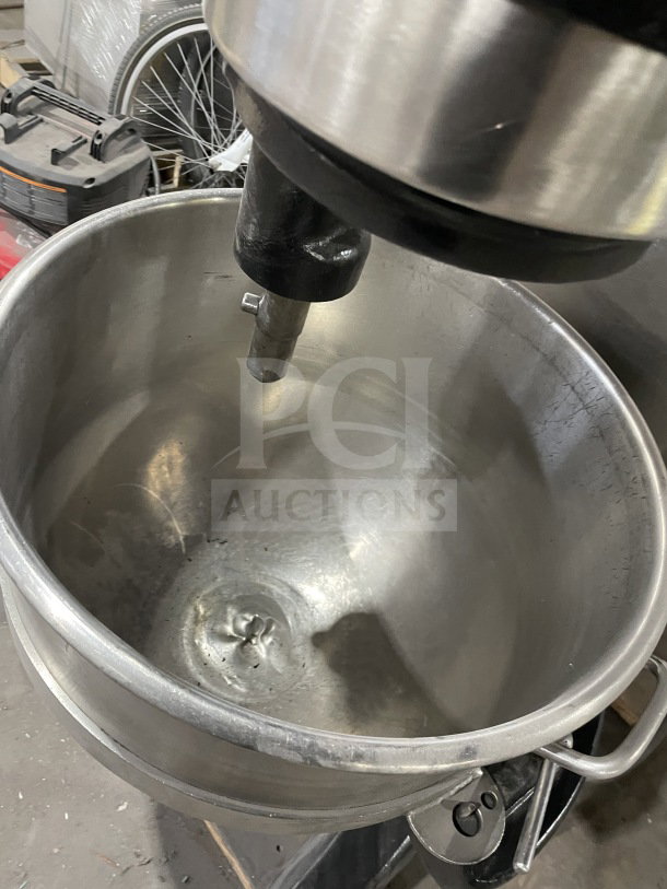 Hobart commercial charcoal black electric dough mixer with stainless steel mixing bowl and dough hook, used condition.