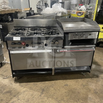 Garland stainless steel 6-burner gas range with raised griddle, double oven, broiler, cheese melter, and overhead salamander.