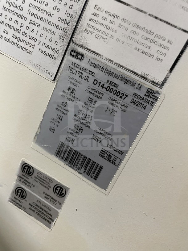 Tor-Rey TEC13OL UL label showing model, serial number D14-000027, voltage, and ETL certification details.