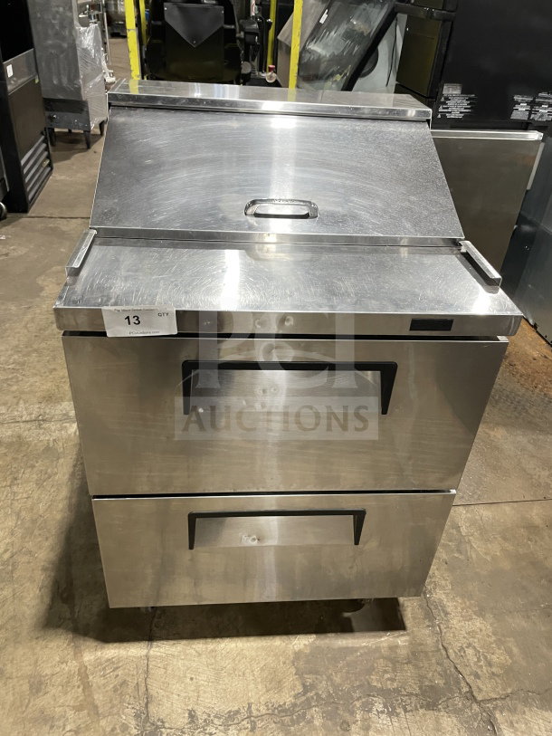 Turbo Air TST-28SD-D2-N stainless steel 2-drawer refrigerated prep table, 115V, on casters, commercial-grade.