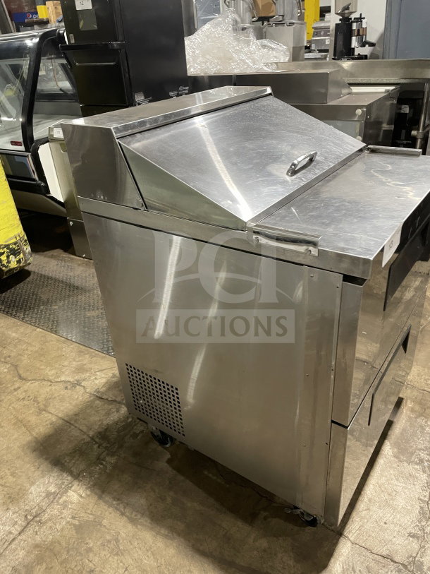 Turbo Air TST-28SD-D2-N stainless prep table, 2 drawers, refrigerated, on casters, commercial-grade, 115V.