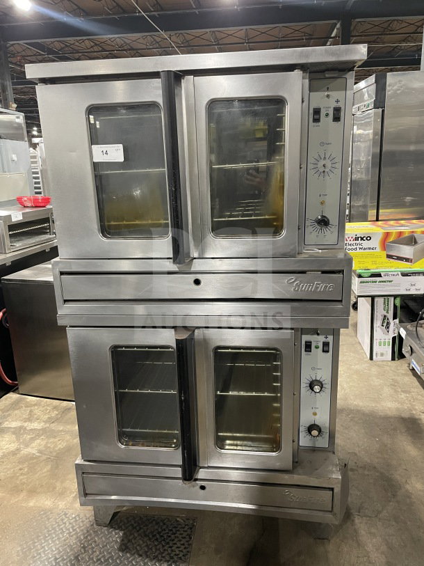 SunFire model ICO-E-10-M double-stacked electric convection oven, stainless steel, 208V, 3 phase, with wired racks.