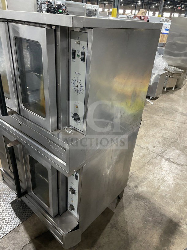 SunFire stainless steel electric double convection oven, model ICO-E-10-M, on legs with wired rack, 208V 3 phase.