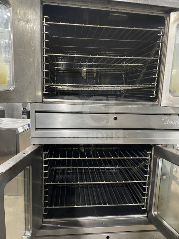 SunFire commercial stainless steel double stacked convection oven, model ICO E 10M, with wired oven racks, 208V 3 Phase.