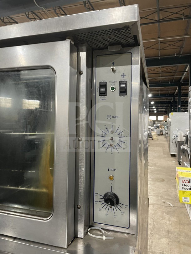 SunFire ICO E 10M commercial stainless steel double-stacked convection oven, wired rack, electric, 208V 3-phase, on legs.