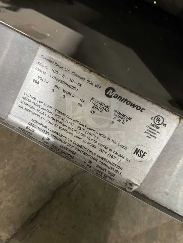 SunFire ICO-E-10-M double convection oven, 208V 3-phase, stainless steel, on legs. Serial: 1102230000951. NSF certified label.