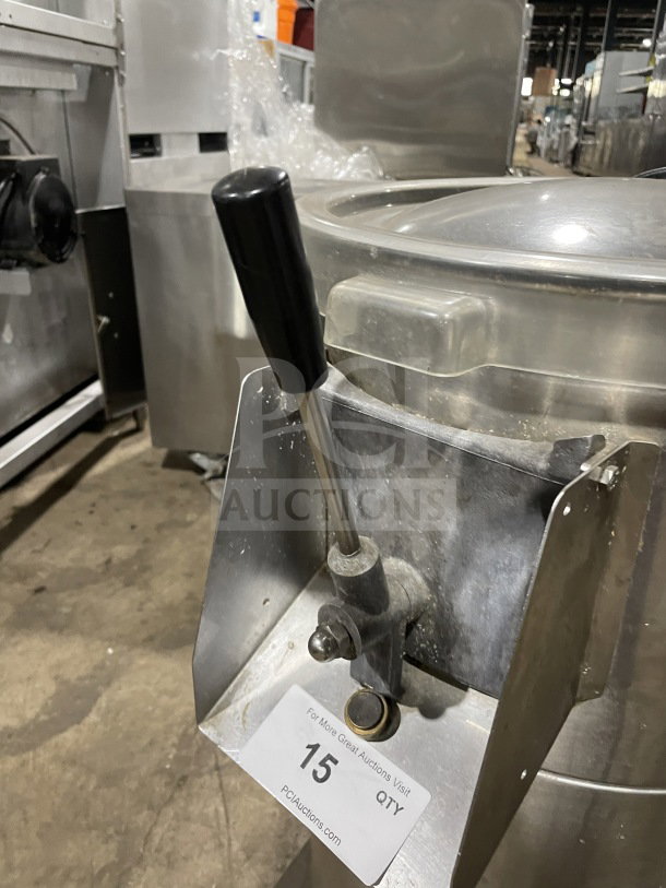 Hobart commercial heavy-duty potato peeler, stainless steel, electric powered, seen in a used condition on a countertop.