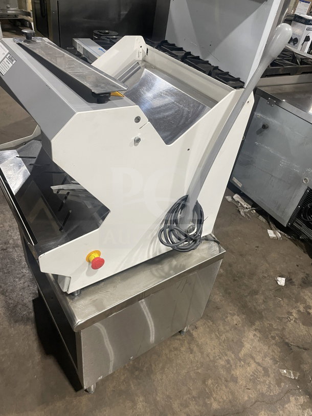 JAC MJL 450/13 commercial bread slicer on stainless steel utility cart, excellent condition, model MJL 450/13, SN 17103997.