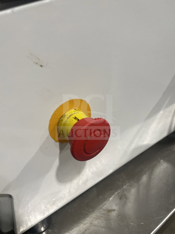 JAC MJL 450/13 bread slicer button on stainless steel cart. Features emergency stop; heavy-duty, auto feed. SN: 17103997.