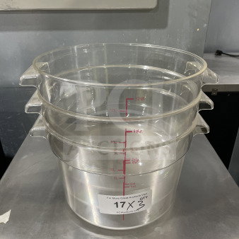 Commercial polycarbonate round 12Qt clear food storage container, marked in qt/liter, excellent condition.