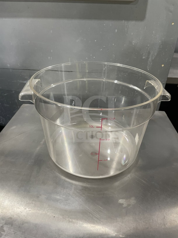 Commercial clear polycarbonate food storage container, 12Qt capacity, with red measurement markings. Mint condition.