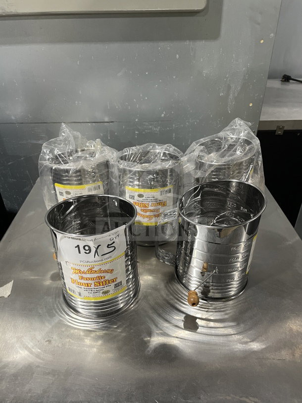 NEW Mrs. Anderson's Stainless Steel Flour Sifter, Model 28015. Hand-crank, commercial-grade, multiple units, sealed packaging.