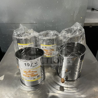 NEW Mrs. Anderson's Stainless Steel Flour Sifter, Model 28015. Hand-crank, commercial-grade, multiple units, sealed packaging.