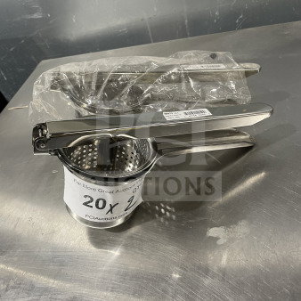 Winco PR9 stainless steel potato ricer, new condition, with perforated round bowl, label indicating model and SN: 842169120409.