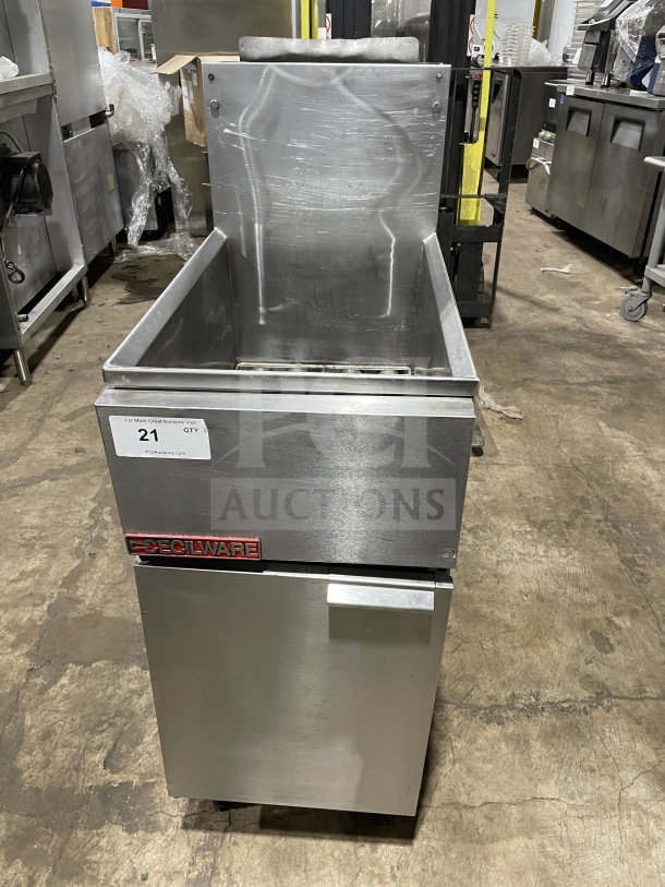 Cecilware commercial stainless steel gas fryer with backsplash, on legs. Good condition, brand logo visible.