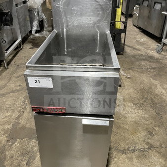 Cecilware commercial stainless steel gas fryer with backsplash, on legs. Good condition, brand logo visible.