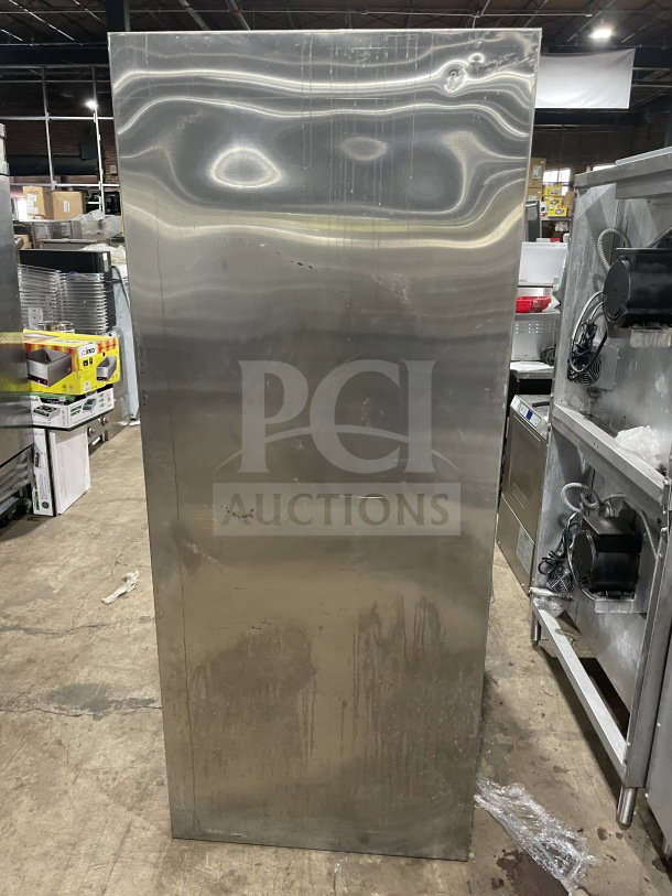Traulsen Commercial Stainless Steel Double Glass Sliding Door Refrigerator, Model RHT232NUTSL012, with chrome rack.