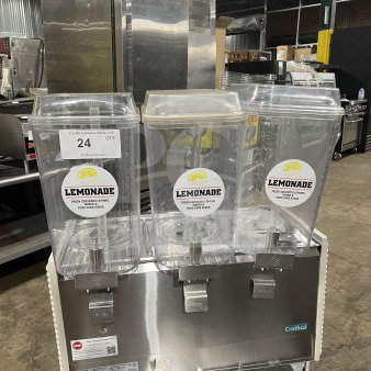 Crathco D354 beverage machine with three hoppers, stainless steel base, on legs, model number and serial number visible.