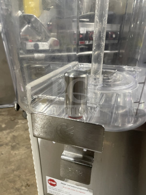 Crathco D354 commercial beverage machine, stainless steel base, 3 hoppers, on legs, model D354, SN:30821072591, 115V.