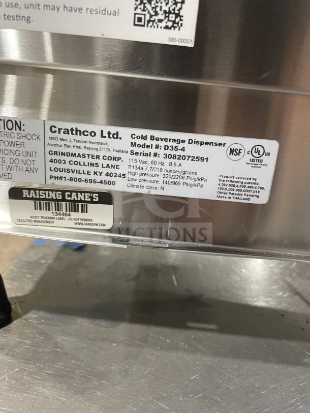 Crathco Commercial Countertop 3 Hopper Beverage Machine, Model D354, stainless steel base, SN: 30821072591, 115V, on legs.