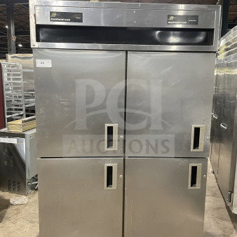 Delfield/Alco commercial stainless steel 4-door dual-zoned refrigerator on casters, featuring poly-coated wire rack, with visible brand logo.