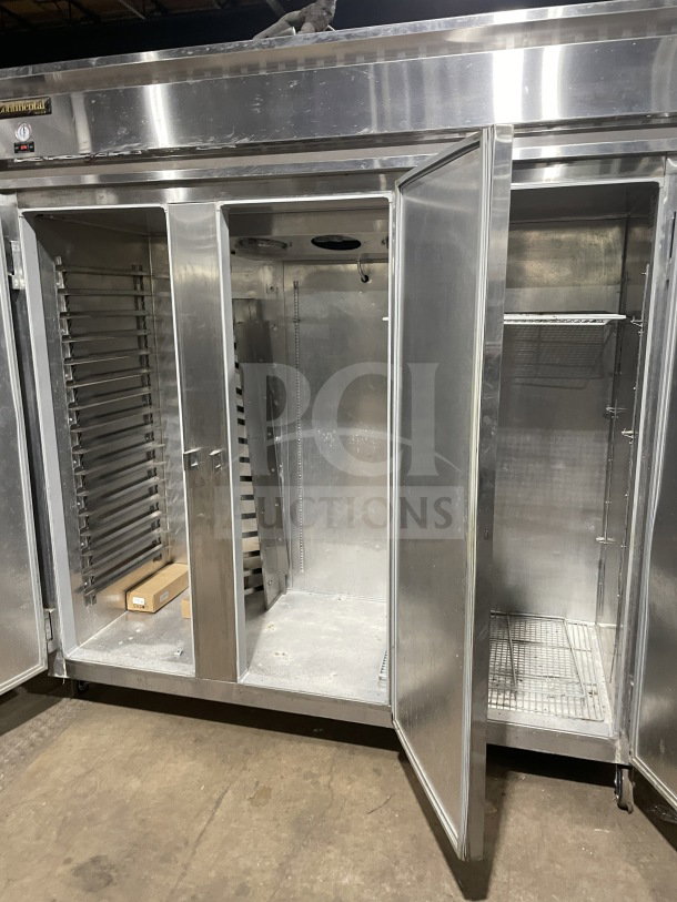 Continental 3F three-door stainless steel reach-in freezer, Energy Star certified, poly coated wire rack, on casters.