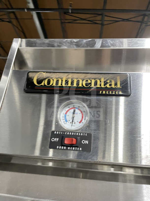 Continental 3F stainless steel 3-door reach-in freezer, Energy Star certified, with poly coated wired rack, on casters.