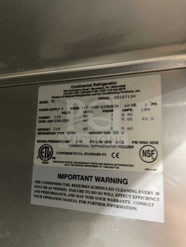 Continental 3F Commercial Stainless Steel 3-Door Freezer, Energy Star, Poly Coated Rack, 115/208-230V, 1 Phase, on Casters.