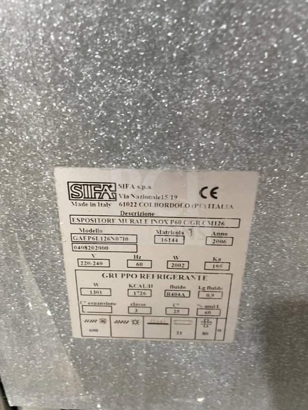 Sifa refrigerated display case model GAEP6L126N07I0, stainless steel, commercial-grade, CE marked, 220-240V.