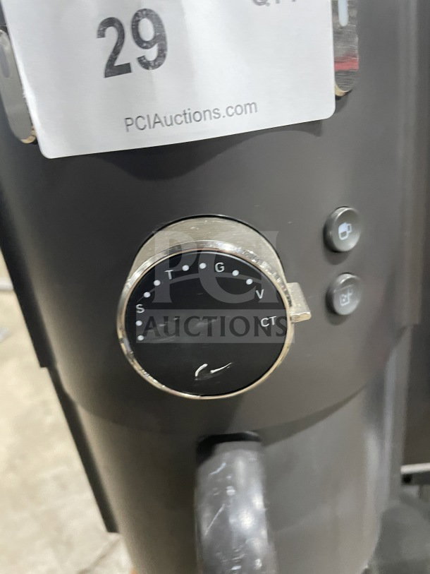 Clover Vertica Series CM9700 coffee brewer, 6 hoppers, 208V, on legs, serial E311353, knob and button detail shown.