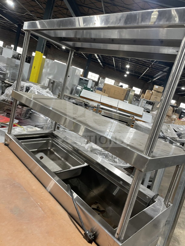 Delfield stainless steel pizza prep table with refrigerated base, double overhead shelf, and chrome rack, 115V.