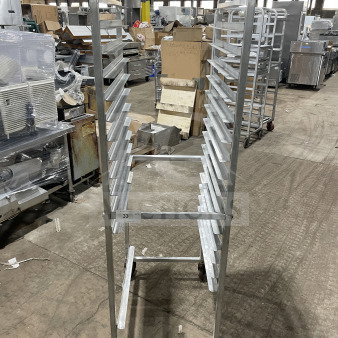 Commercial stainless steel heavy-duty sheet pan rack on casters, 20 slots, durable construction, ideal for bakers.