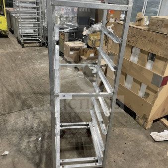 Channel stainless steel end load mobile bun/sheet pan rack with wire slides on casters, used, commercial-grade.