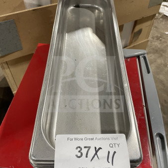 Winco commercial stainless steel full-size hotel pan, stack of 11, excellent condition. Handle visible. Auction label: "37X QTY 11".