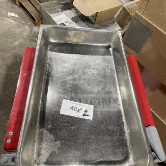 Commercial heavy-duty stainless steel anti-jam full-size steam table pan, used condition, marked "40X2" for auction.