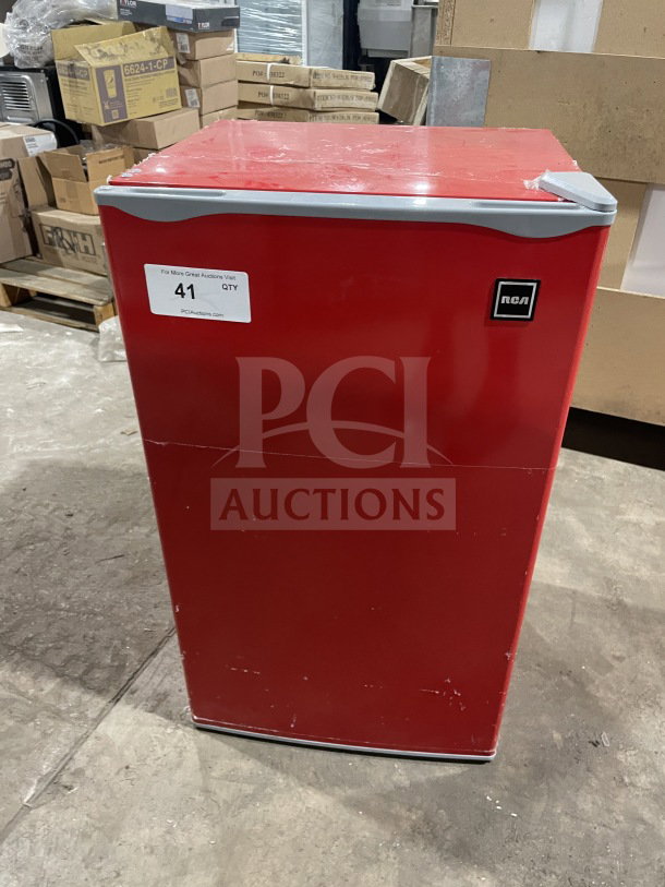 RCA Commercial Red Single-Door Refrigerator Model RFR320 B RED COM, Energy Star, 115V, visible wear, with label "41 QTY".