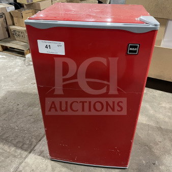 RCA Commercial Red Single-Door Refrigerator Model RFR320 B RED COM, Energy Star, 115V, visible wear, with label "41 QTY".