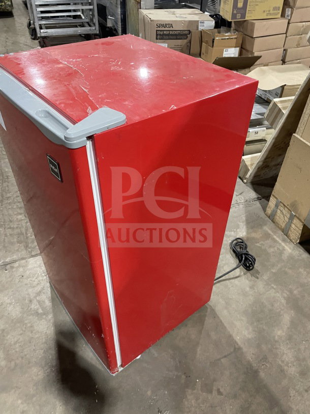 RCA RFR320 B RED COM red single-door electric refrigerator & freezer, visible minor scratches, Energy Star, 115V.
