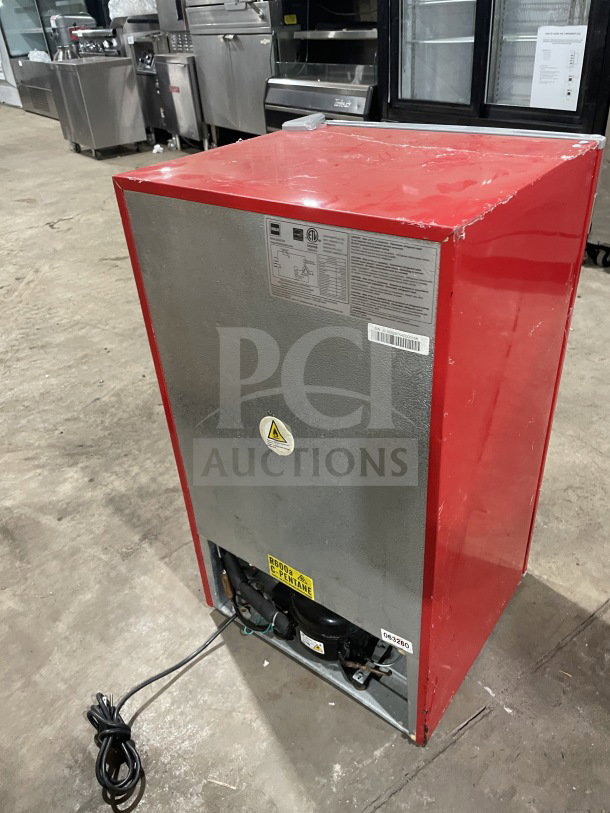 RCA Commercial Red Single-Door Electric Refrigerator, Model RFR320-B-RED-COM, Energy Star, 115V, showing wiring and condition.