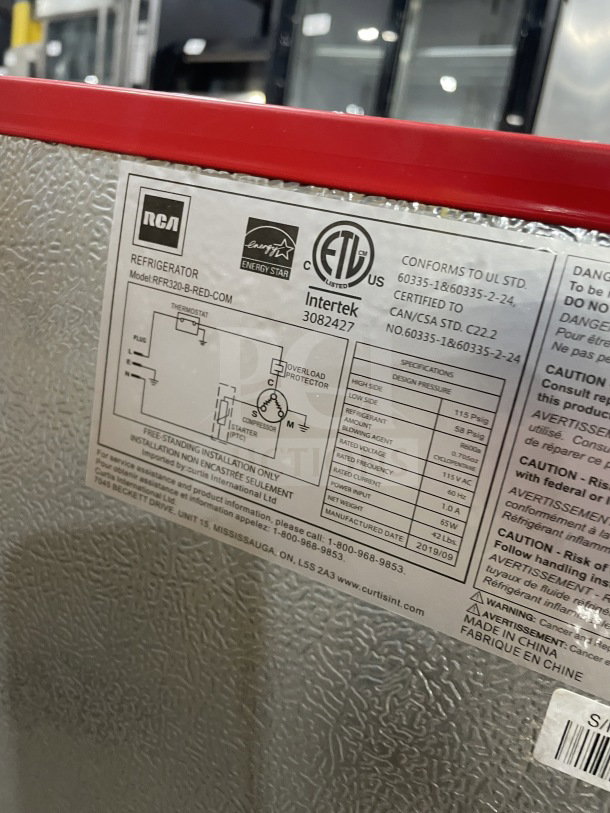RCA Commercial Red Single-Door Refrigerator & Freezer, Model RFR320-B-RED-COM, Energy Star certified, 115V, SN: 3082427.
