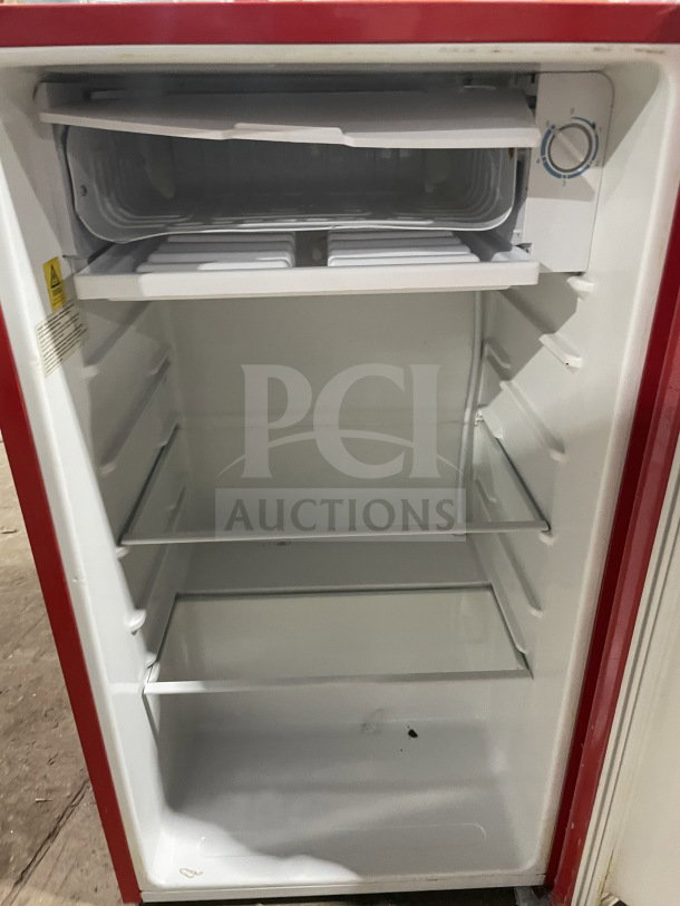RCA RFR320-B-RED-COM single-door red refrigerator & freezer, poly coated wired racks, Energy Star certified, 115V.